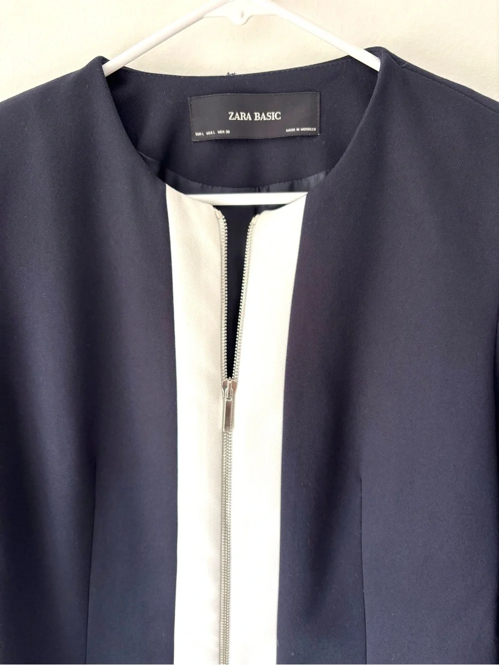 Zara Navy Blue White Stripe Contrast Long Line Zip Front Jacket Professional